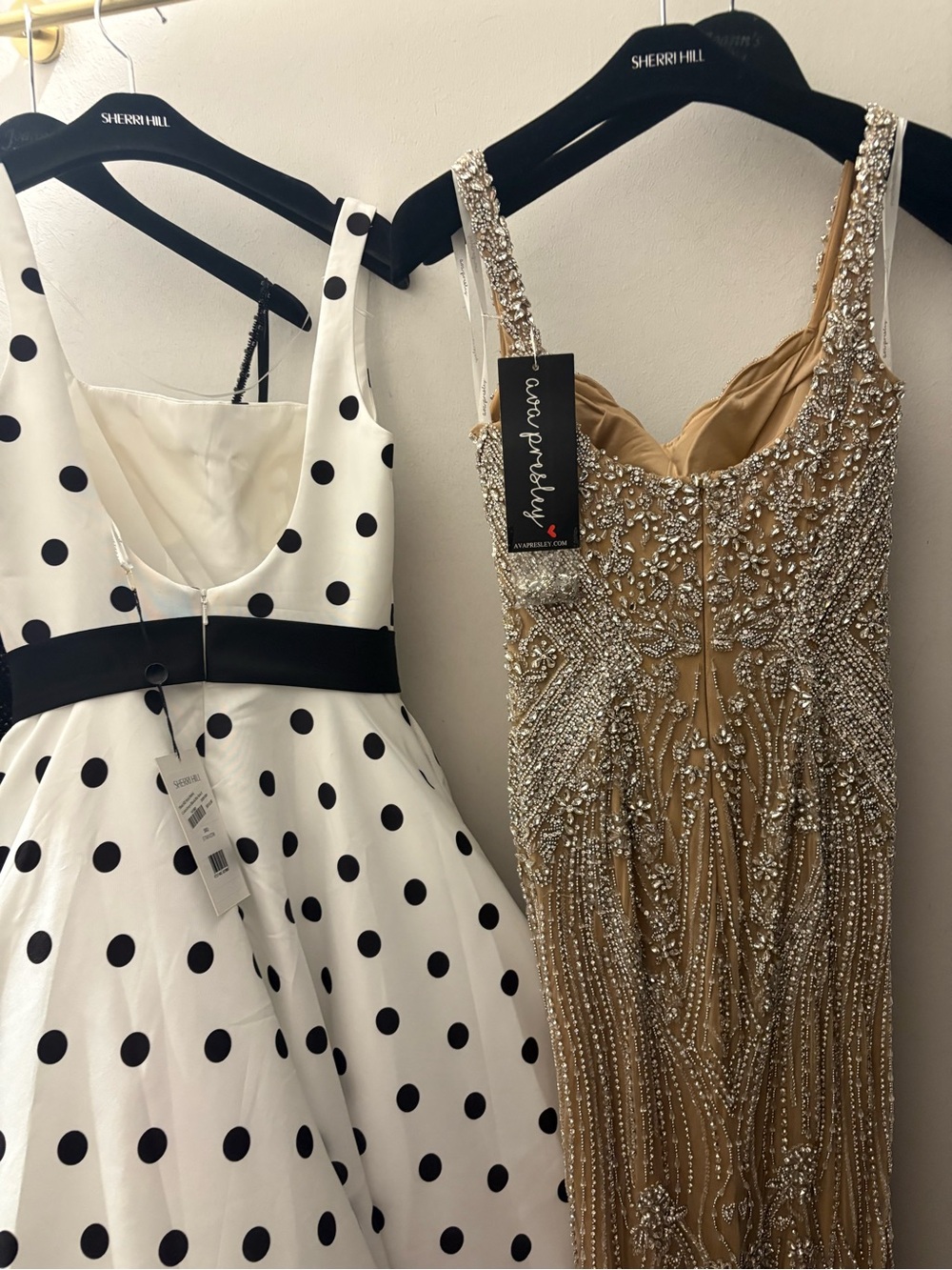 Polka Dot White & Black Ball Gown with Fuchsia Belt - Picture 4 of 6